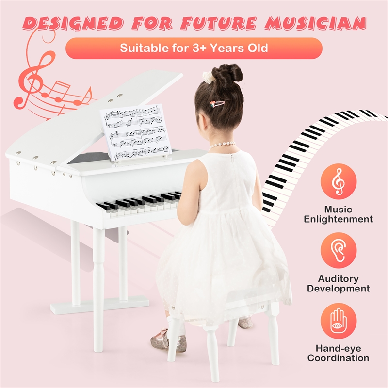 Pemberly Row Children 30 Key Toy Grand Baby Piano with Kids Bench Wood White