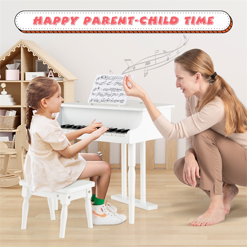 Pemberly Row Children 30 Key Toy Grand Baby Piano with Kids Bench Wood White