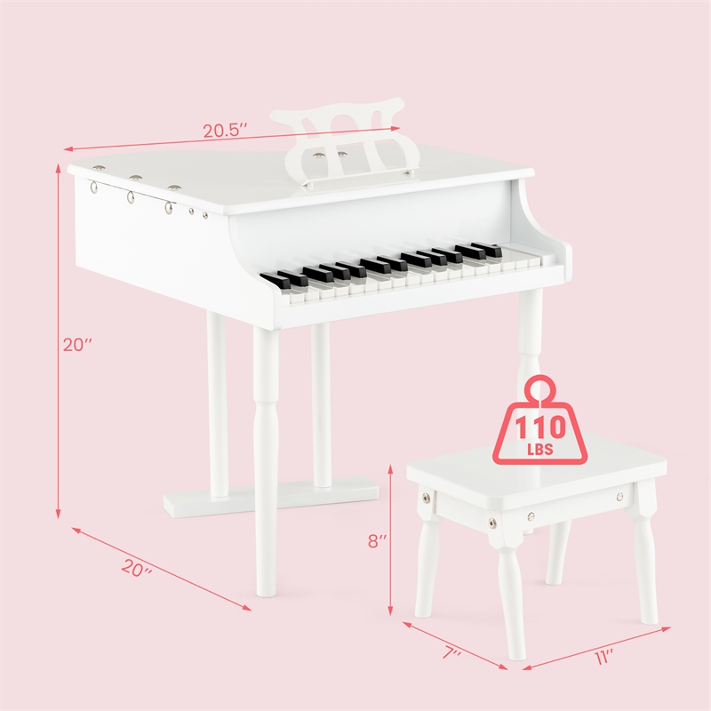 Pemberly Row Children 30 Key Toy Grand Baby Piano with Kids Bench Wood White