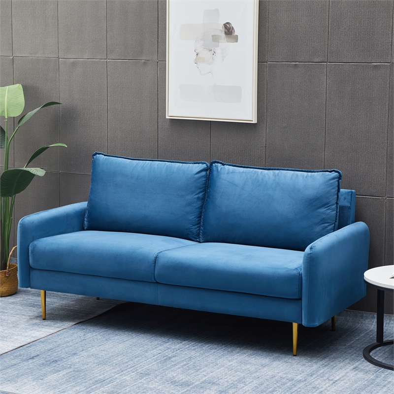Pemberly Row Velvet Sofa Modern Couch with Metal Legs for Living Room-Blue