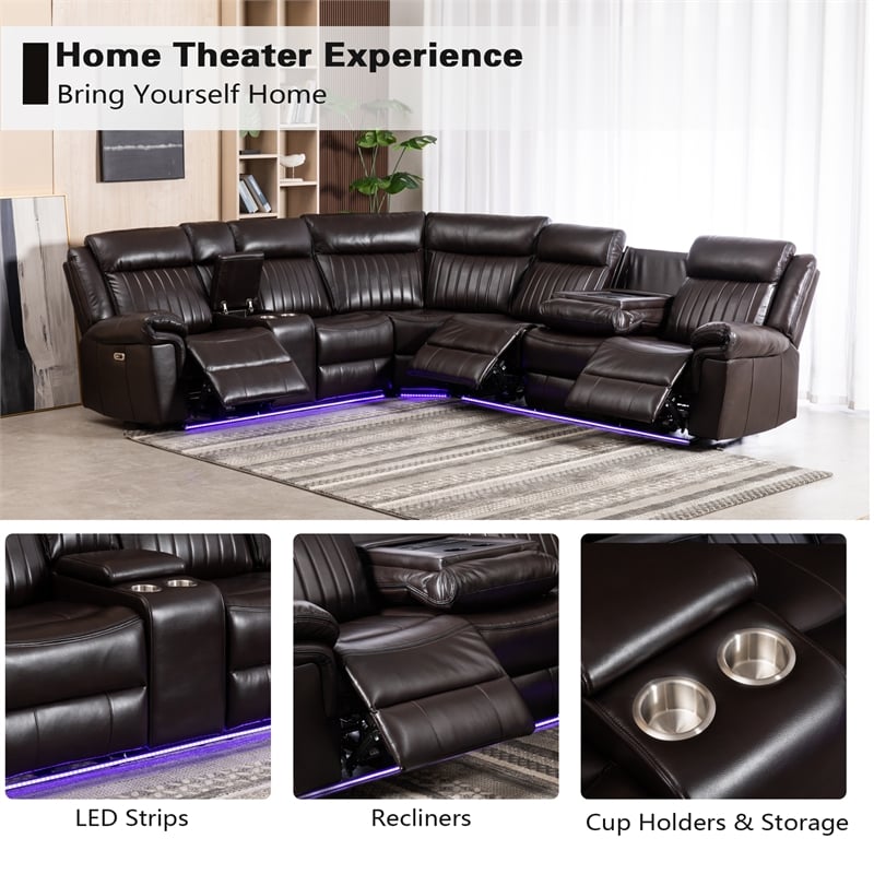 Pemberly Row Power Reclining Sectional Sofa PU Leather L-Shaped Sofa -Brown