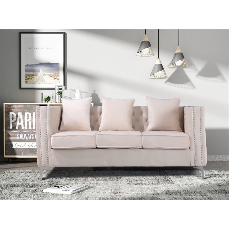 Pemberly Row Velvet Sofa Modern Couch with Button-Tufted Metal Legs Beige