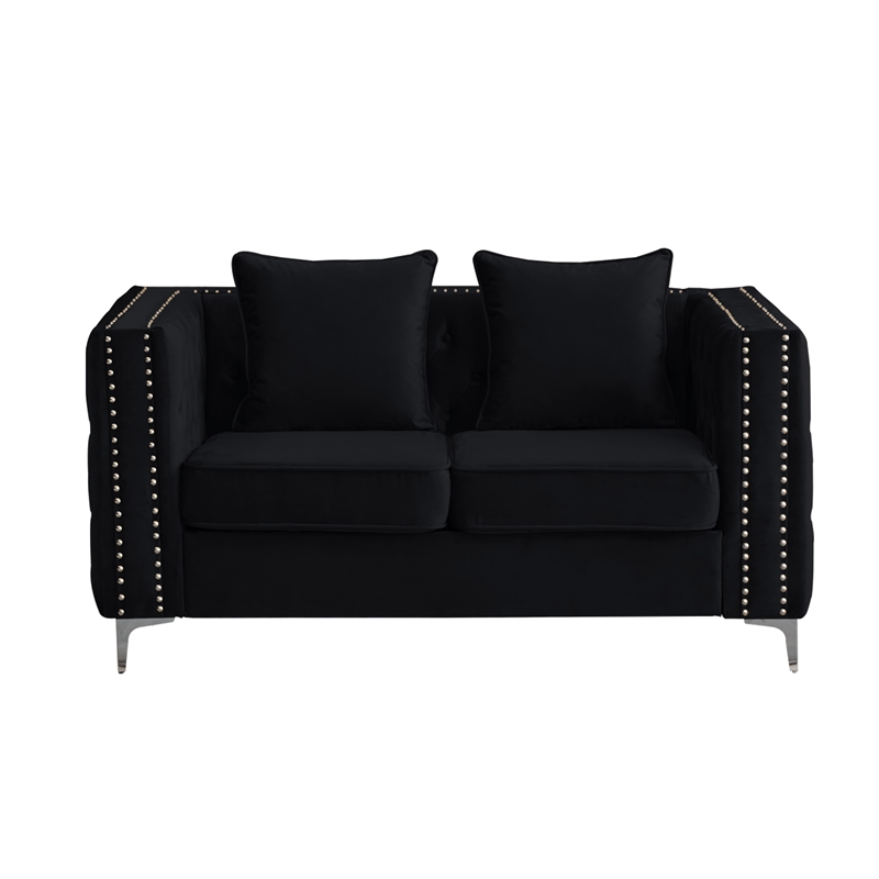 Pemberly Row Velvet Sofa Modern Loveseat with Button-Tufted & Metal Legs Black