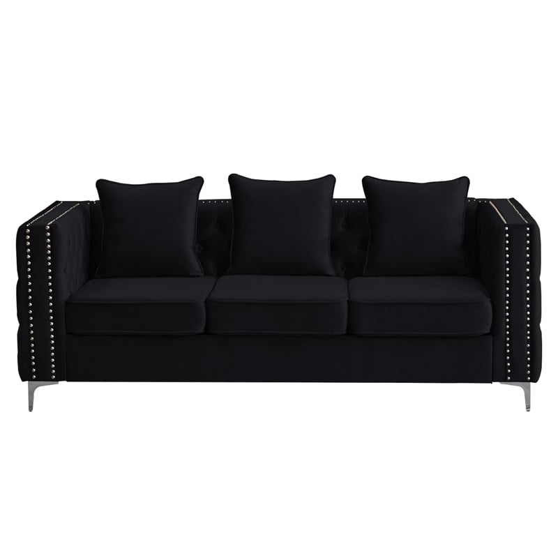 Pemberley Row Velvet Black Sofa Rectangular Button-Tufted 85