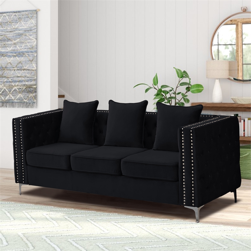 Pemberley Row Velvet Black Sofa Rectangular Button-Tufted 85