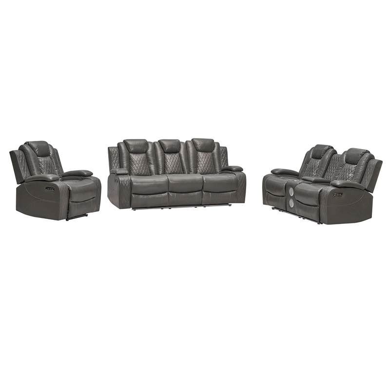 Pemberly Row PU Leather 3 Pcs Power Reclining Multi-functional Sofa Set - Gray