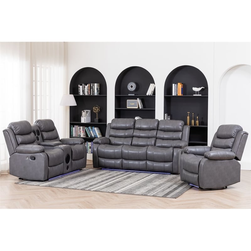 Pemberley Row PU Leather Gray Reclining Sofa Set Rectangular Multi-Functional