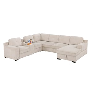 Pemberly Row Chenille Sofa Pull out Sofabed & Multifunctional Console-Beige