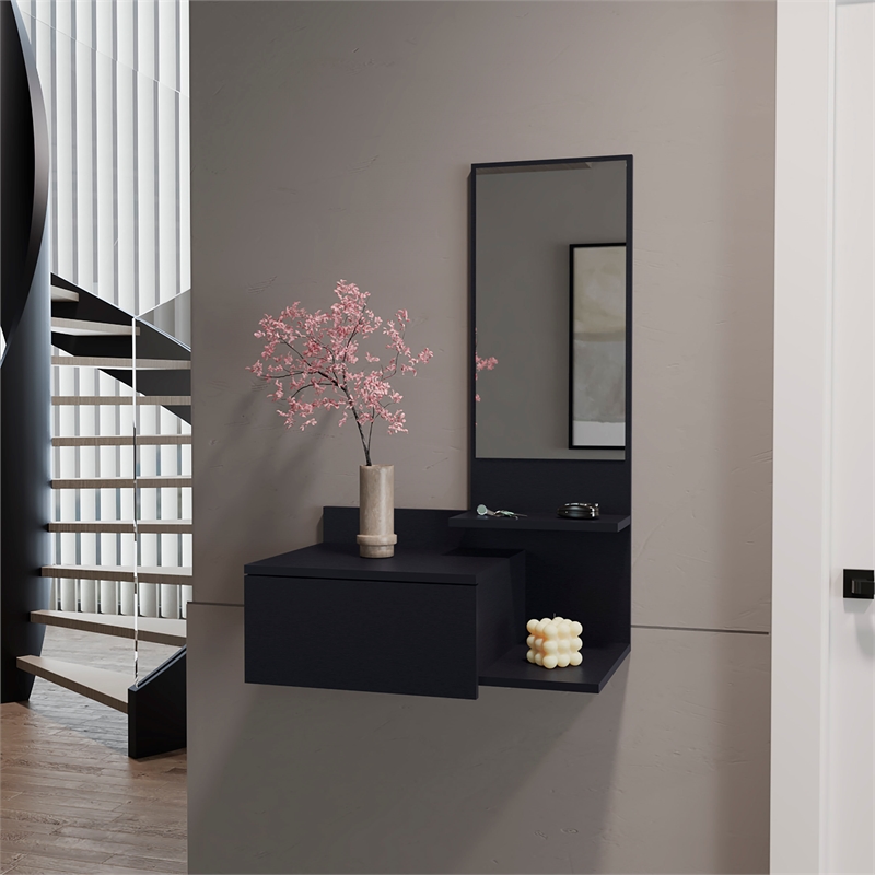 Pemberly Row Contemporary Floating Hallway Cabinet Engineered Wood Black