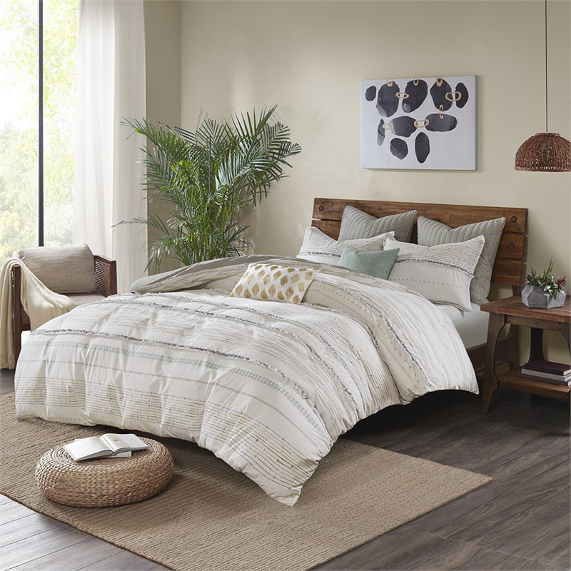 Pemberly Row 3-Piece Modern Cotton Printed Comforter Set w/ Trims in Off White