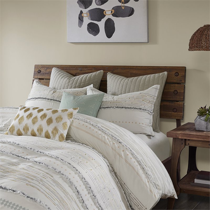 Pemberly Row 3-Piece Modern Cotton Printed Comforter Set w/ Trims in Off White