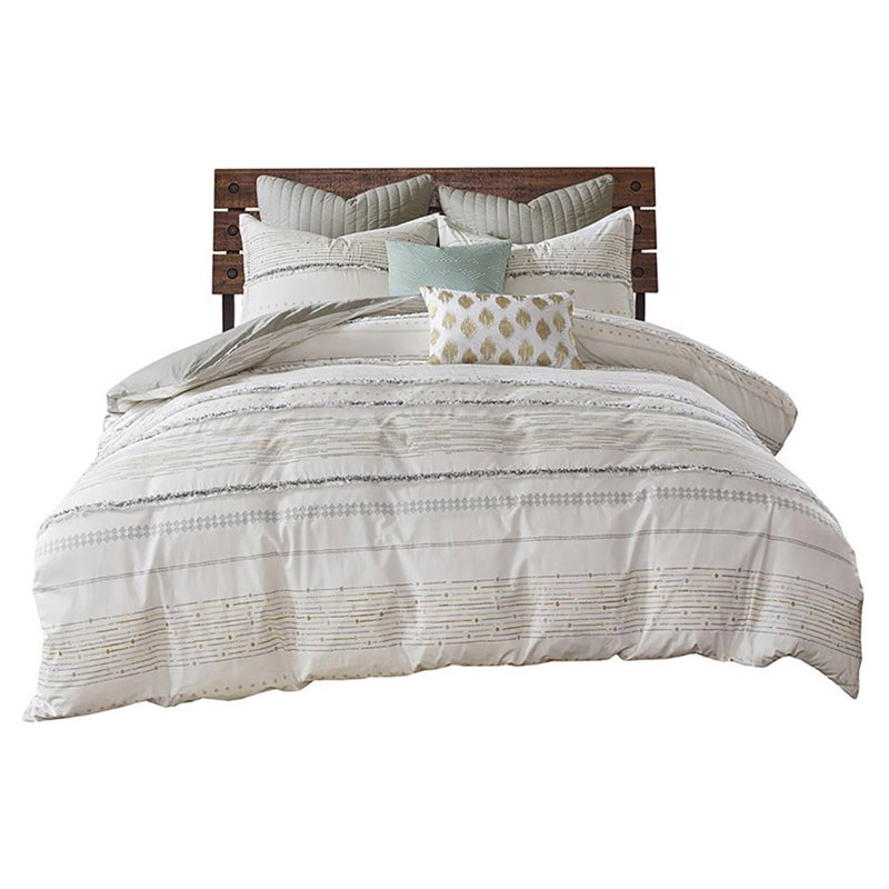 Pemberly Row 3-Piece Modern Cotton Printed Comforter Set w/ Trims in Off White