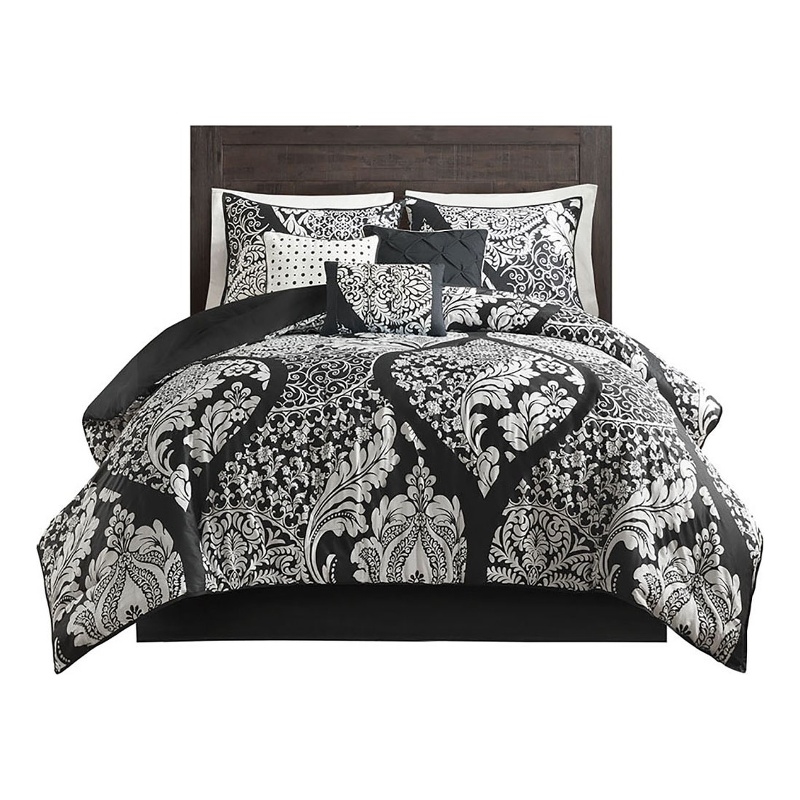 Pemberly Row Contemporary 7-Piece Cotton Printed Comforter Set in Black