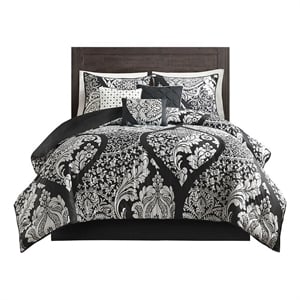 Pemberly Row Contemporary 7-Piece Cotton Printed Comforter Set in Black