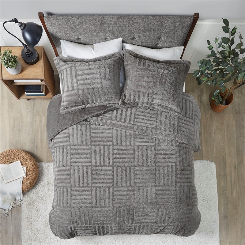 Pemberly Row Fur Down Comforter Mini Set in Gray King/Cal King