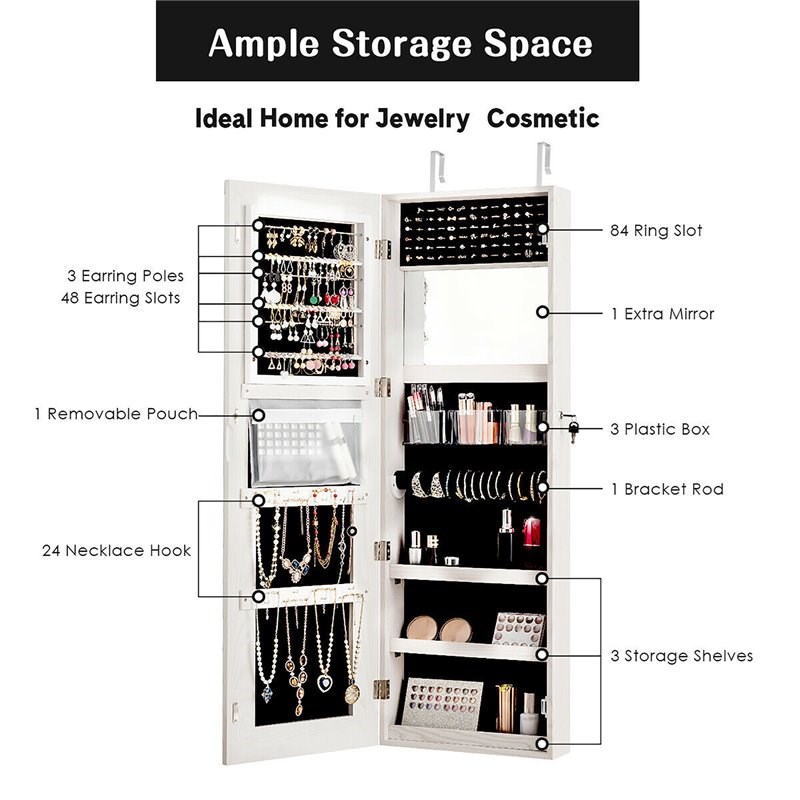 Pemberly Row Density Board & Wall/Door Mount LED Light Jewelry Cabinet in White
