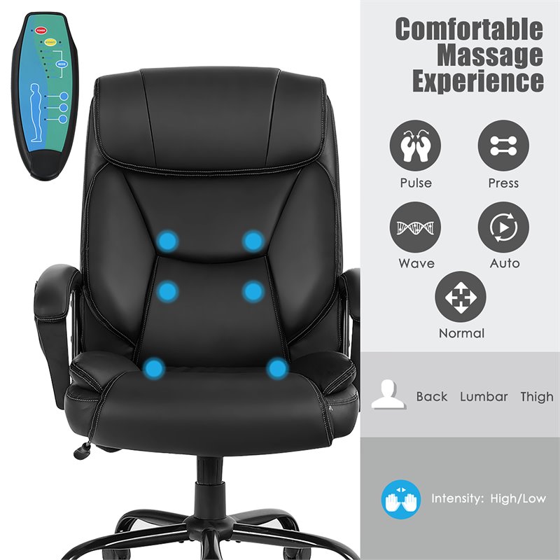 Pemberly Row Faux Leather Big & Tall 500lb Massage Office Chair in Black