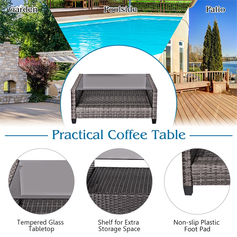 Pemberly Row 4PCS Patio Set Coffee Table Cushioned Sofa Garden Lawn in Gray