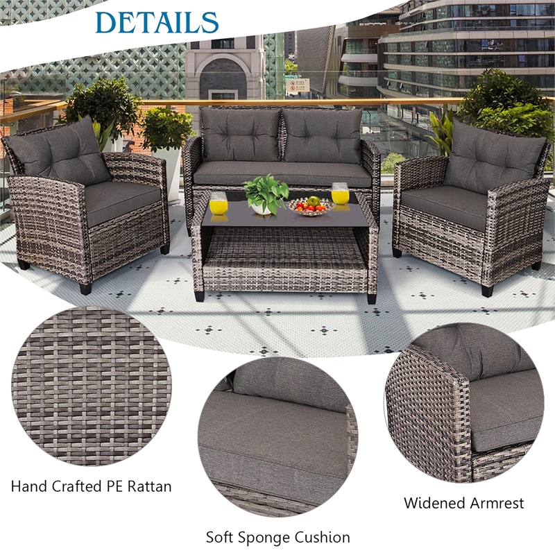 Pemberly Row 4PCS Patio Set Coffee Table Cushioned Sofa Garden Lawn in Gray