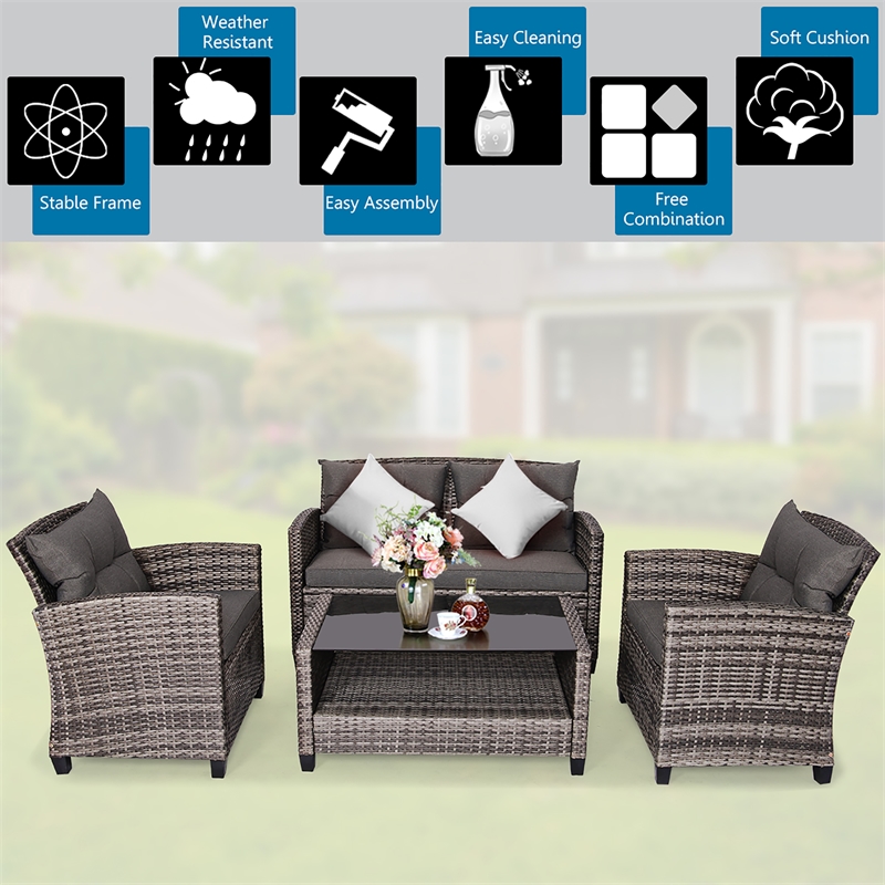 Pemberly Row 4PCS Patio Set Coffee Table Cushioned Sofa Garden Lawn in Gray