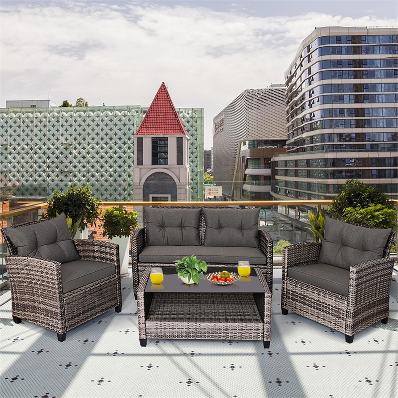 Pemberly Row 4PCS Patio Set Coffee Table Cushioned Sofa Garden Lawn in Gray