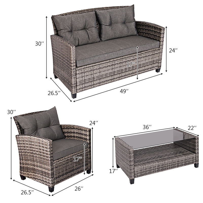 Pemberly Row 4PCS Patio Set Coffee Table Cushioned Sofa Garden Lawn in Gray