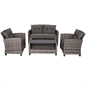 Pemberly Row 4PCS Patio Set Coffee Table Cushioned Sofa Garden Lawn in Gray