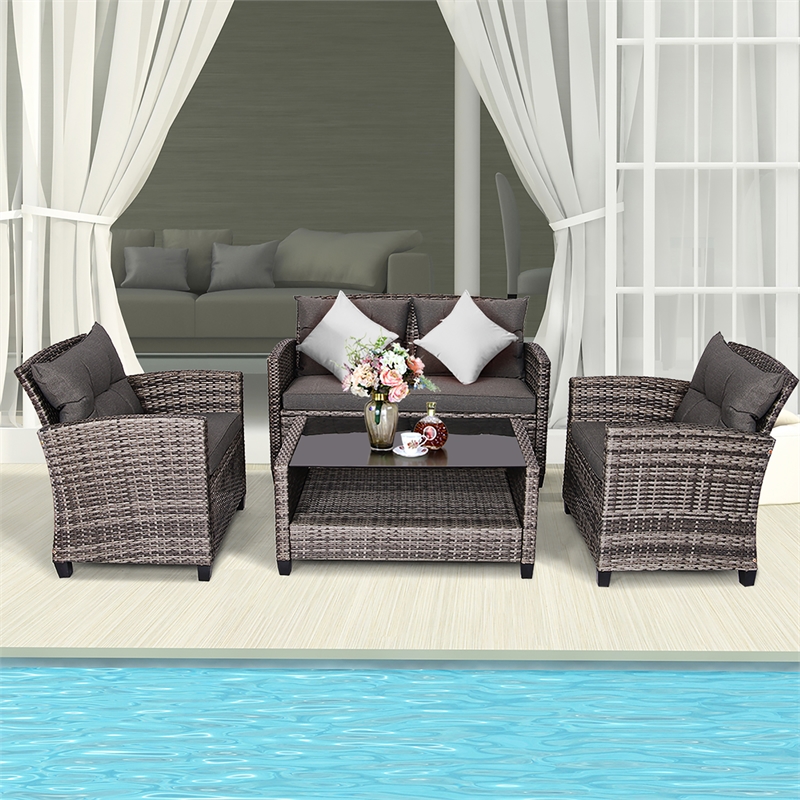 Pemberly Row 4PCS Patio Set Coffee Table Cushioned Sofa Garden Lawn in Gray