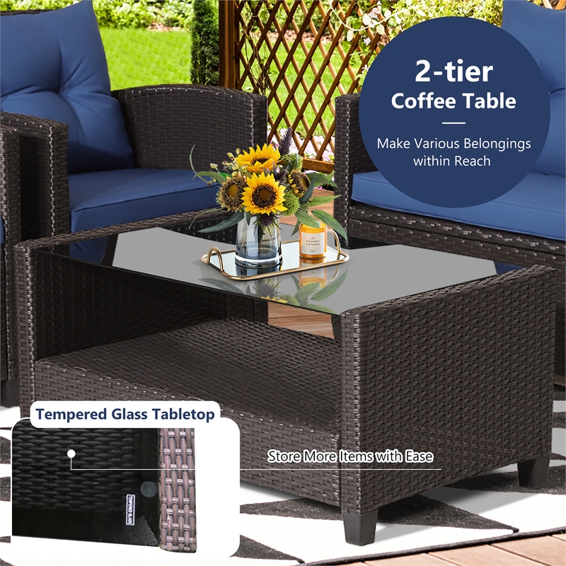 Pemberly Row 4 PCS Patio Rattan Furniture Set Table Shelf Sofa Cushion in Navy