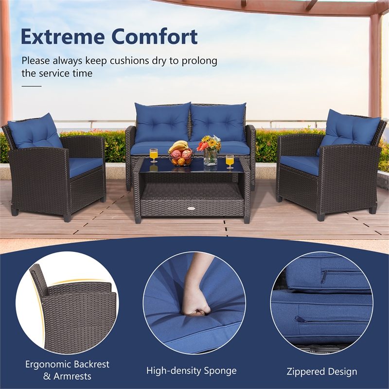 Pemberly Row 4 PCS Patio Rattan Furniture Set Table Shelf Sofa Cushion in Navy