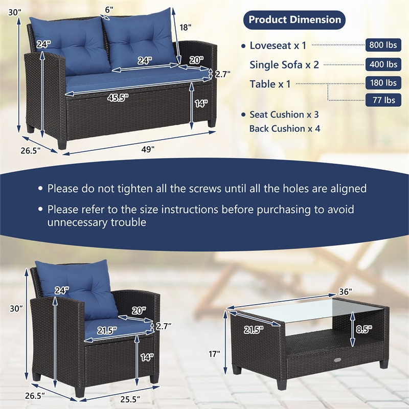 Pemberly Row 4 PCS Patio Rattan Furniture Set Table Shelf Sofa Cushion in Navy