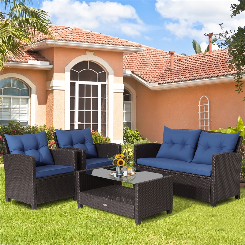 Pemberly Row 4 PCS Patio Rattan Furniture Set Table Shelf Sofa Cushion in Navy