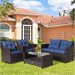 Pemberly Row 4 PCS Patio Rattan Furniture Set Table Shelf Sofa Cushion in Navy