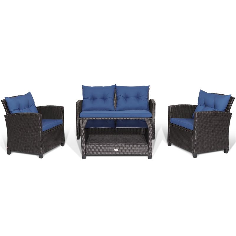 Pemberly Row 4 PCS Patio Rattan Furniture Set Table Shelf Sofa Cushion in Navy