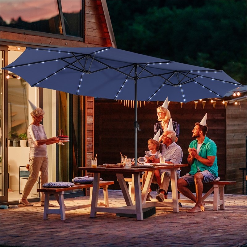 Pemberly Row Outdoor 15FT Double-Sided Patio Umbrella w/LED Lights Navy