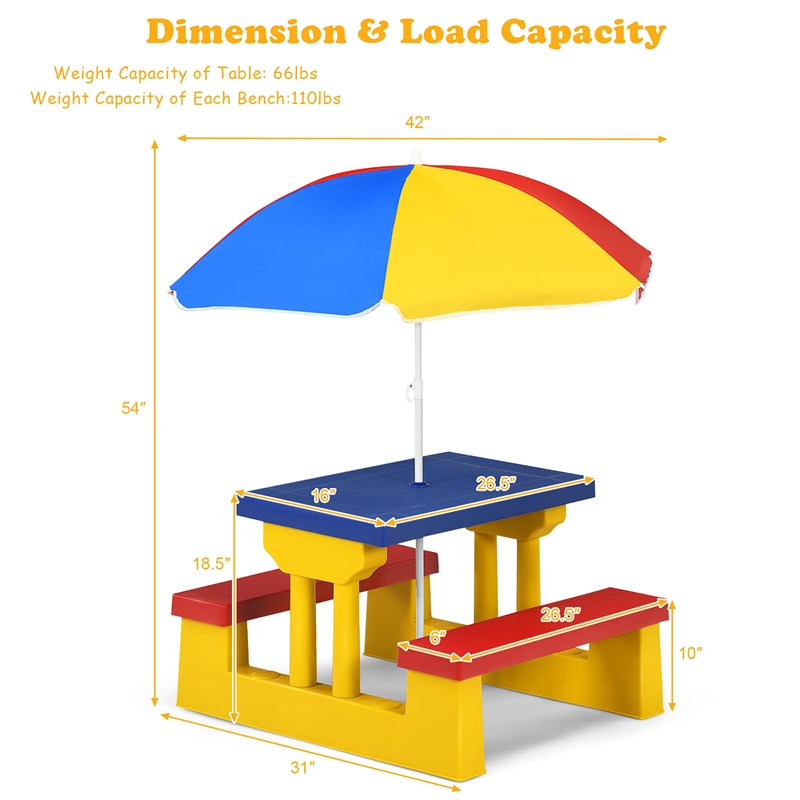 Pemberly Row Picnic Table Set withRemovable Umbrella Garden Patio Multicolor