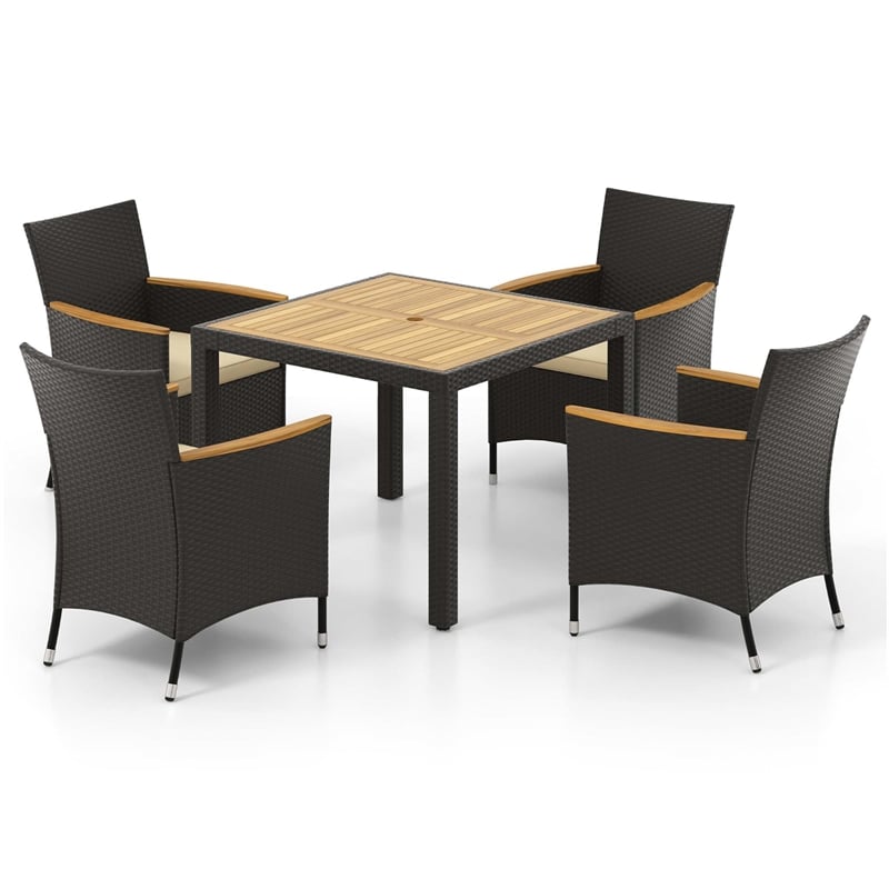 Pemberly Row 5 PCS Patio Dining Table Set for 4 Rattan Conversation Set Brown