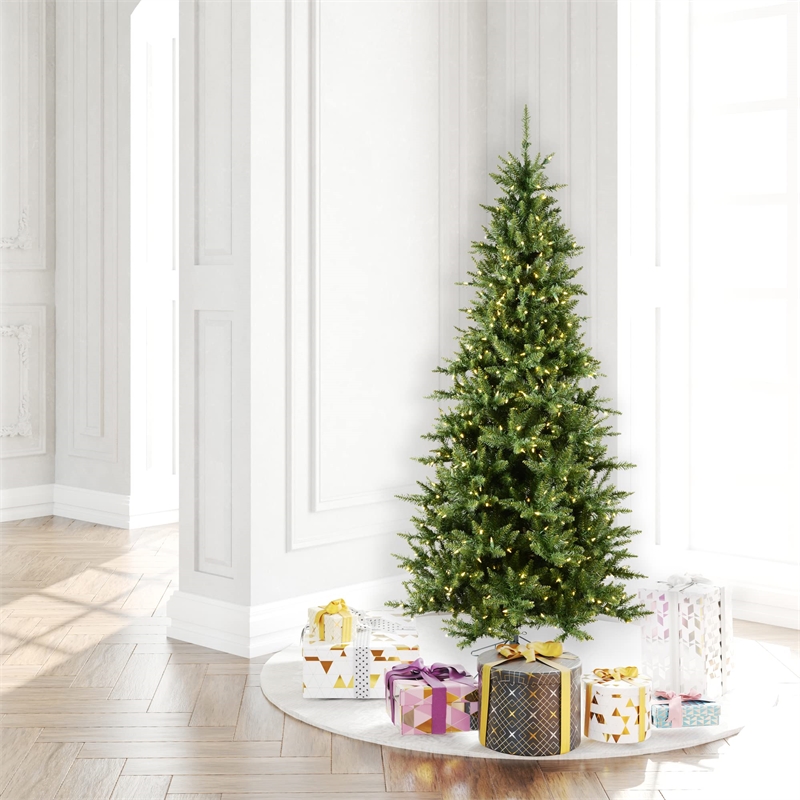 Pemberly Row Camdon Fir Slim Artificial Christmas Tree w/ LED Lights in Green