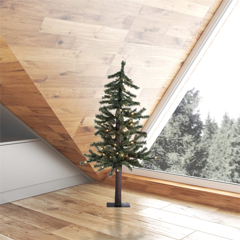 Pemberly Row Natural Alpine Artificial Christmas Tree with LED Lights in Green