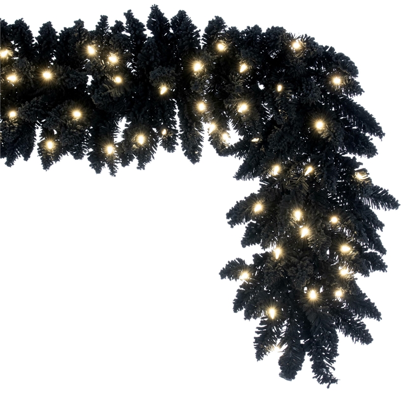 Pemberly Row 9' Flocked Black Fir Artificial Garland - Warm White LED Lights
