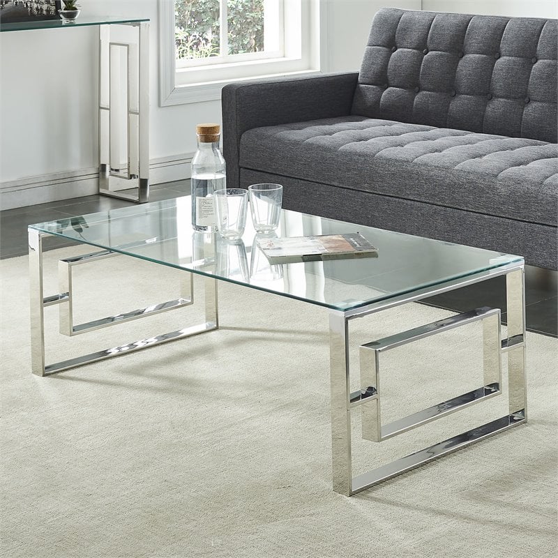 Pemberly Row Contemporary Stainless Steel/Glass Coffee Table in Silver/Clear