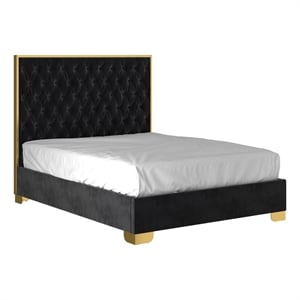 Pemberly Row 60&quot Tufted Velvet and Stainless Steel Bed in Black/Gold