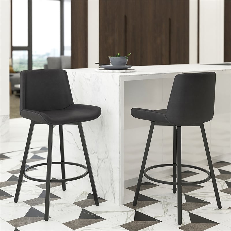 Pemberly Row Faux Leather Swivel Counter Stool Set of 2 Vintage Charcoal & Black