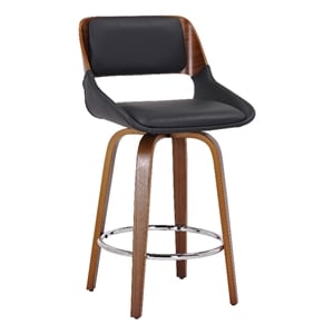 Pemberly Row Faux Leather and Wood 26&quot Swivel Counter Stool Black and Walnut