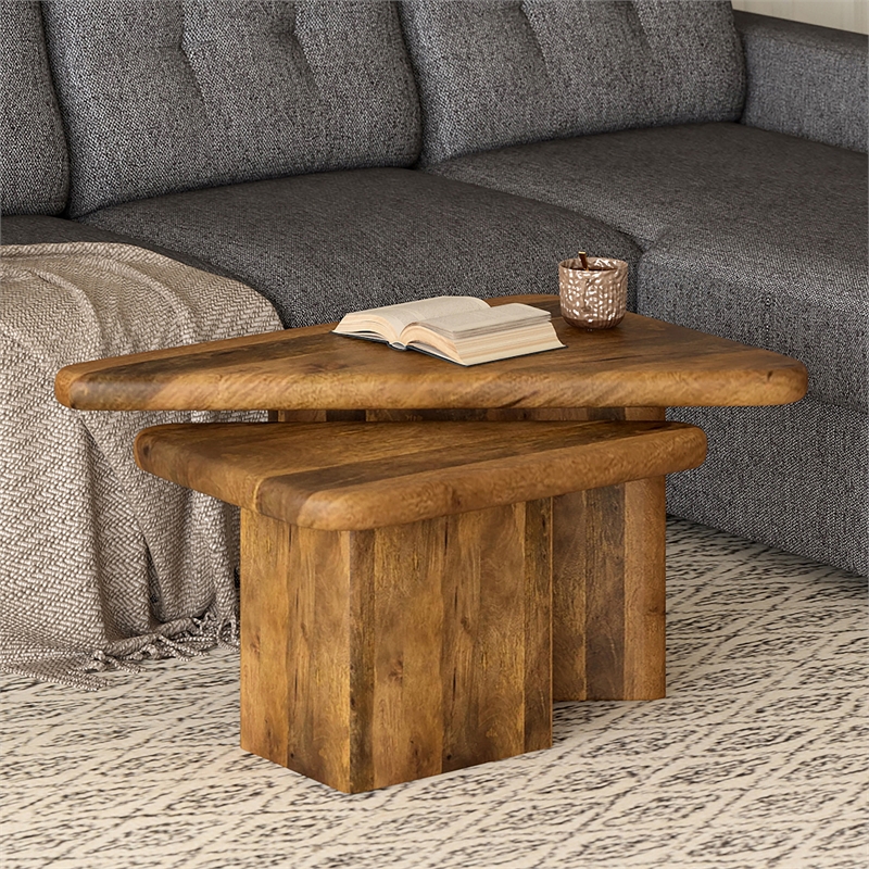 Pemberly Row Mid-Century Modern Solid Wood 2pc Coffee Table Set Walnut