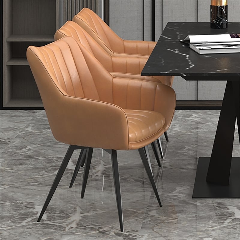 Pemberly Row Faux Leather Metal Swivel Dining Accent Chair Set of 2 Camel Black