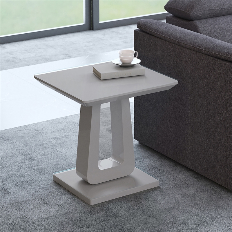 Pemberly Row Contemporary MDF Glass Accent Table in Gray Finish