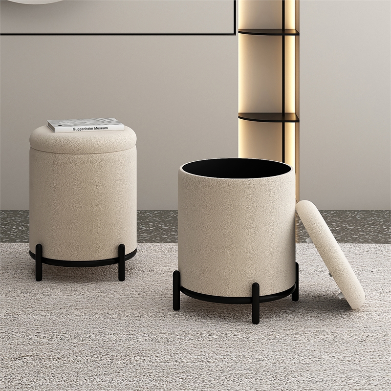 Pemberly Row Modern Boucle Fabric Round Storage Ottoman Cream and Black