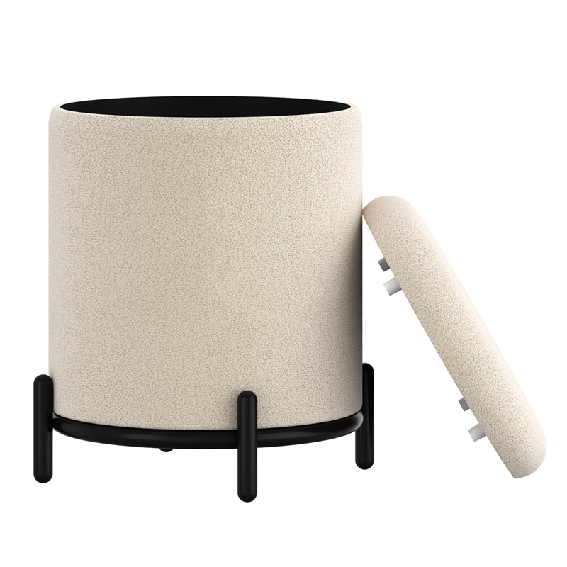 Pemberly Row Modern Boucle Fabric Round Storage Ottoman Cream and Black