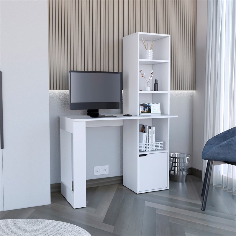 Pemberly Row Engineered Wood Writing Desk w/ Bookcase and Cabinet in White